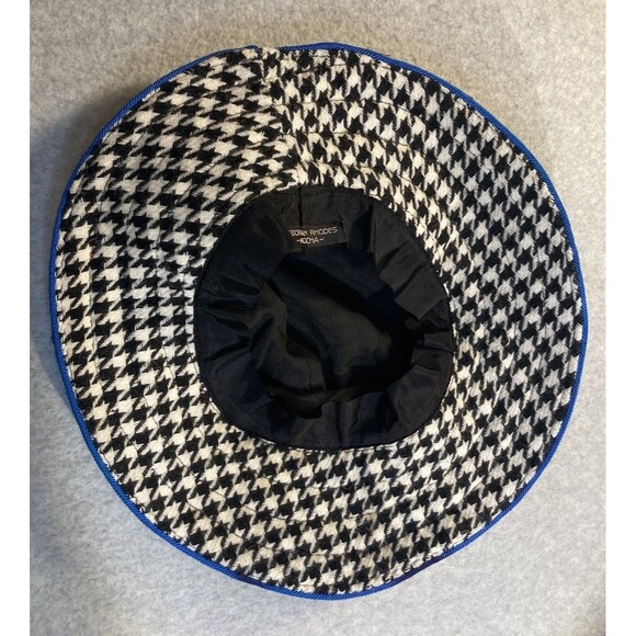 Deborah Rhodes Mocha Bucket Hat Houndstooth Black And White Blue Trim Retro